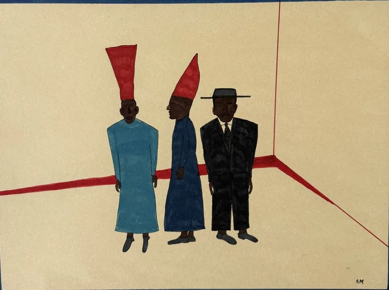 Deux figures en robe rouge et bleue à couvre-chef rouge, homme en costume noir avec canotier, ligne rouge diagonale