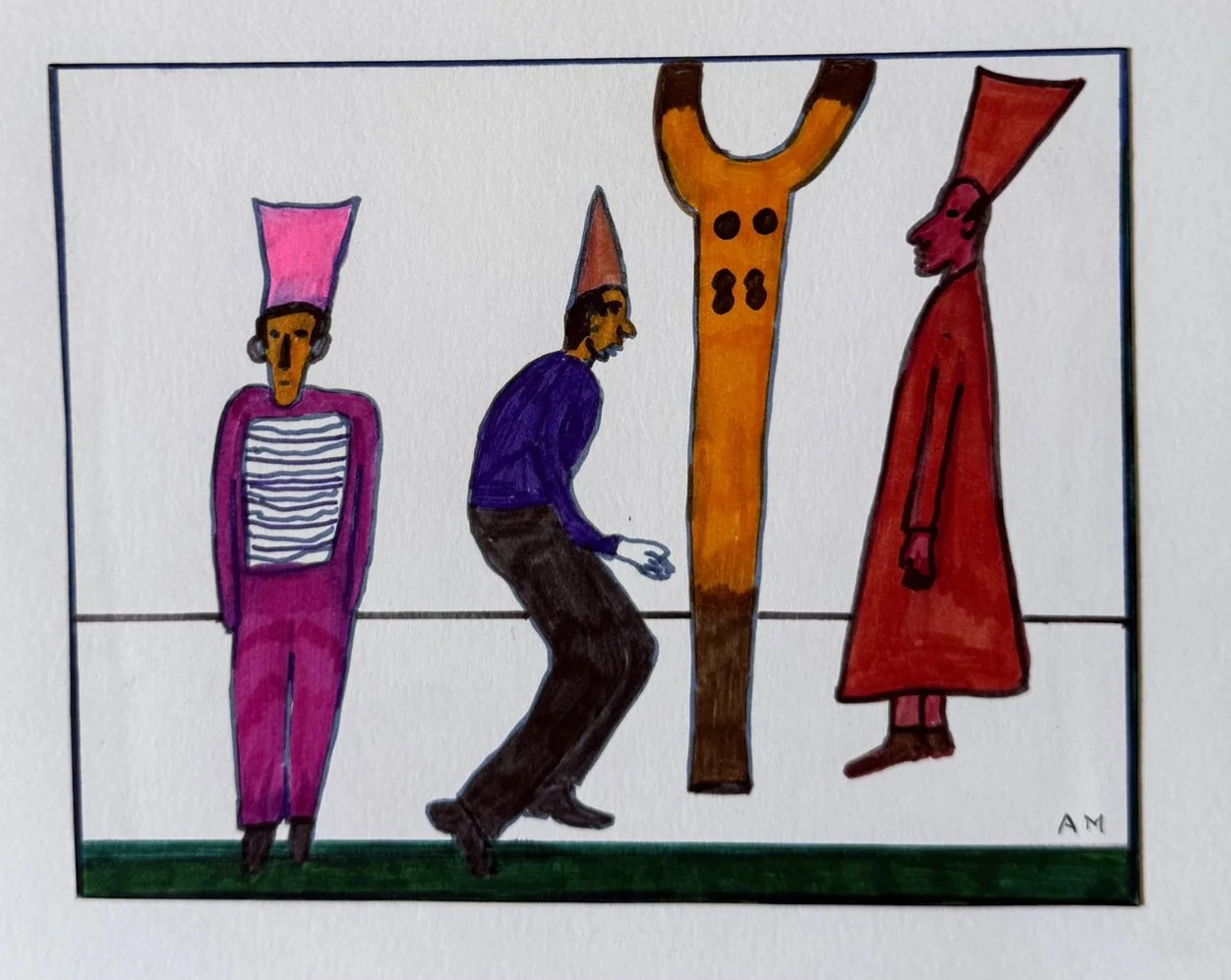Homme en rayures, homme sautant, totem en fourche orange et figure encapuchonnée rouge