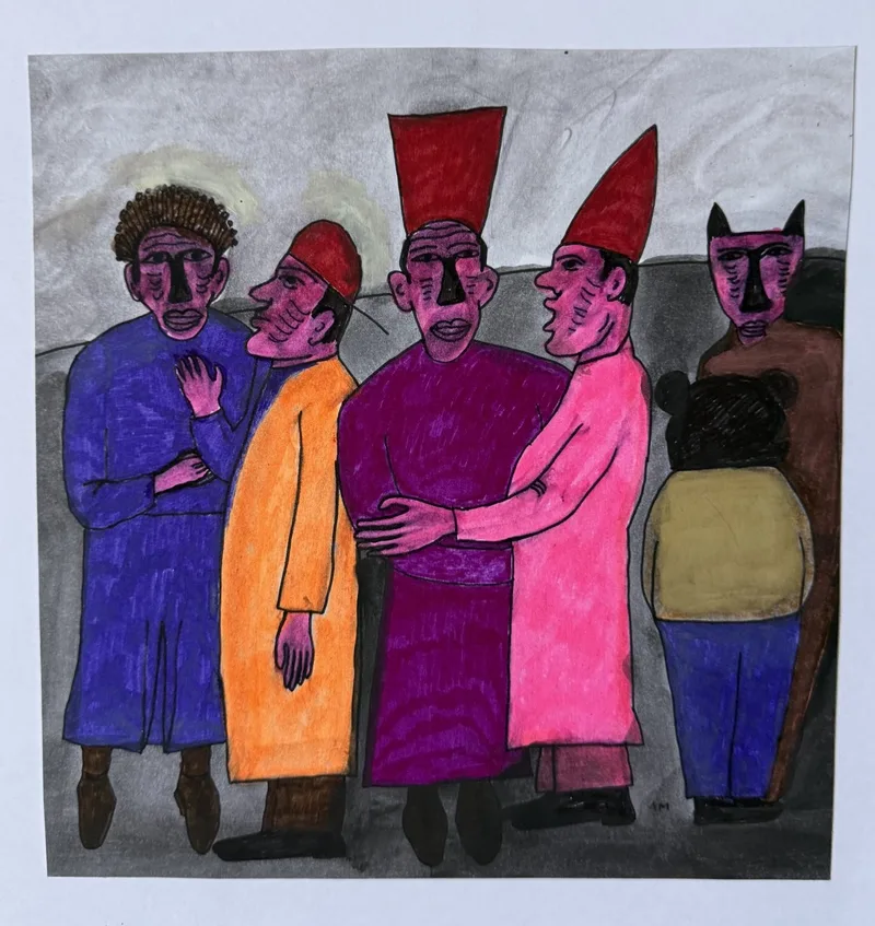 Cinq figures aux robes violette, orange et rose, trois coiffées de chapeaux pointus rouges, tête de loup brune