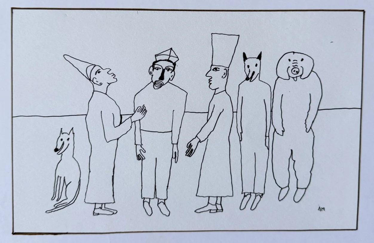 Cinq figures au trait noir sur fond blanc, capuche pointue, toques, tête de loup, chien et chat