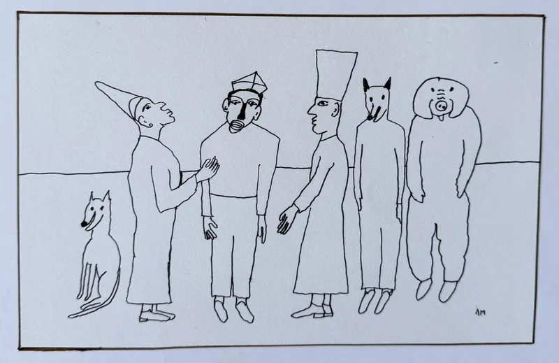 Cinq figures au trait noir sur fond blanc, capuche pointue, toques, tête de loup, chien et chat