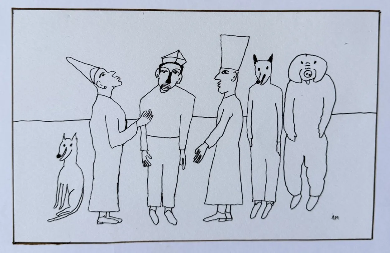 Cinq figures au trait noir sur fond blanc, capuche pointue, toques, tête de loup, chien et chat