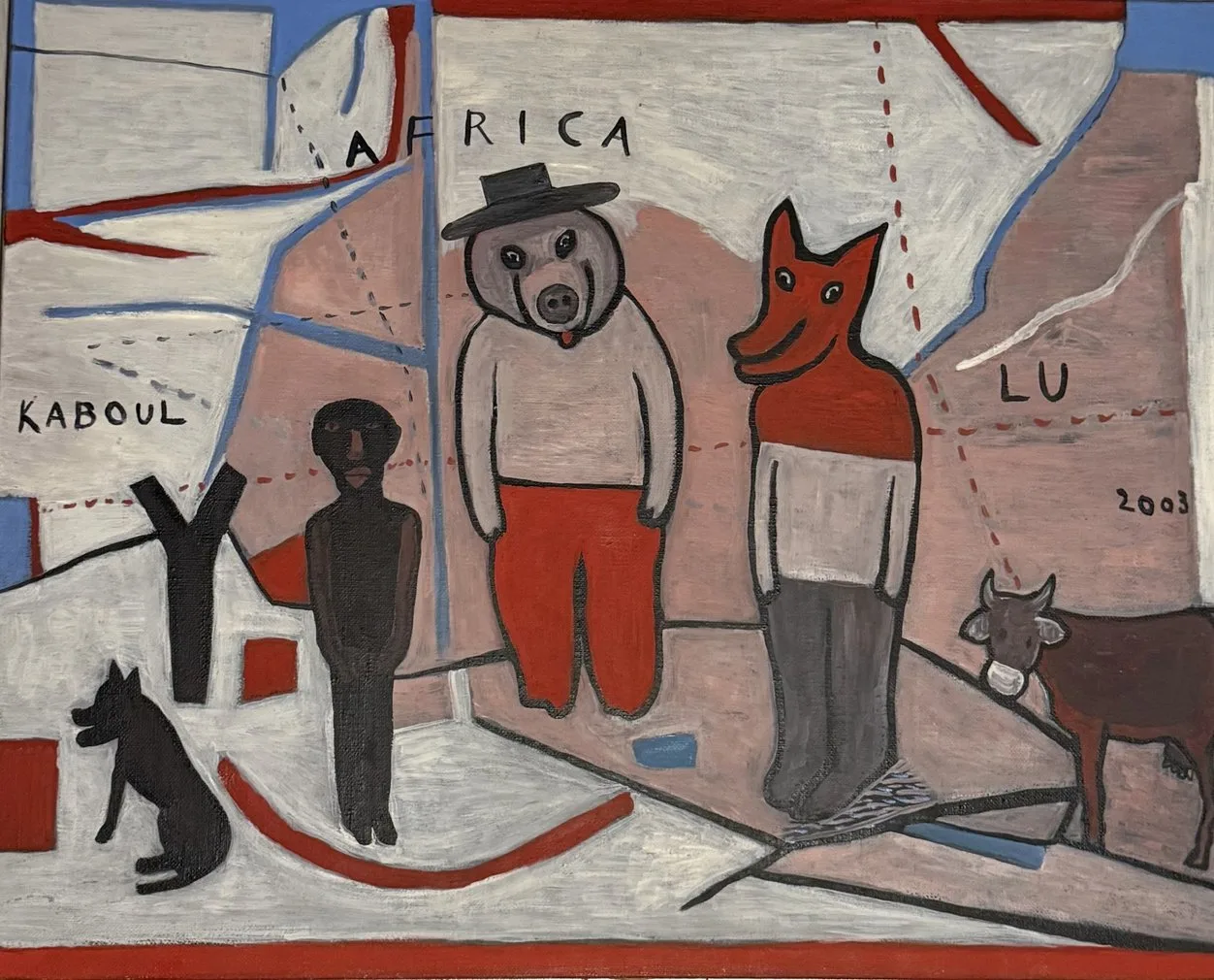 Personnage casqué à tête de cochon, figure renard rouge, enfant et vache, inscriptions Africa et Kaboul