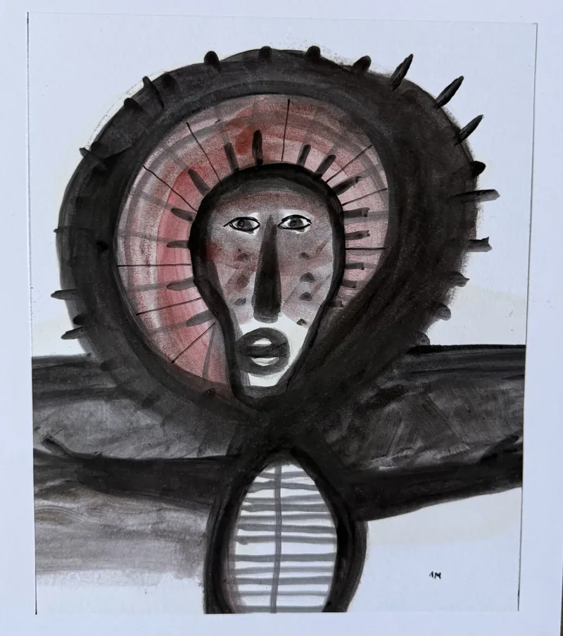 Portrait à la crinière sombre hérissée encadrant un visage pâle, torse strié