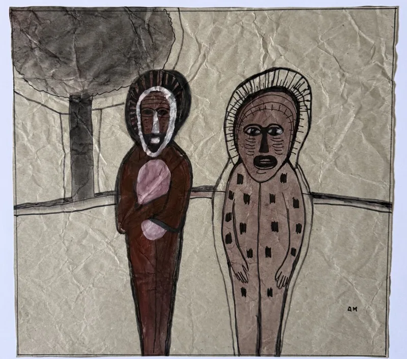Deux figures à crinière sur papier froissé, l'une au torse rosé, l'autre à la peau tachetée, arbre en fond