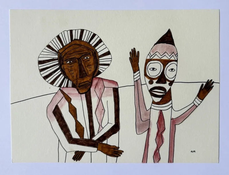 Deux figures masquées, l'une à crinière rayonnante brune, l'autre au masque triangulaire blanc et rouge