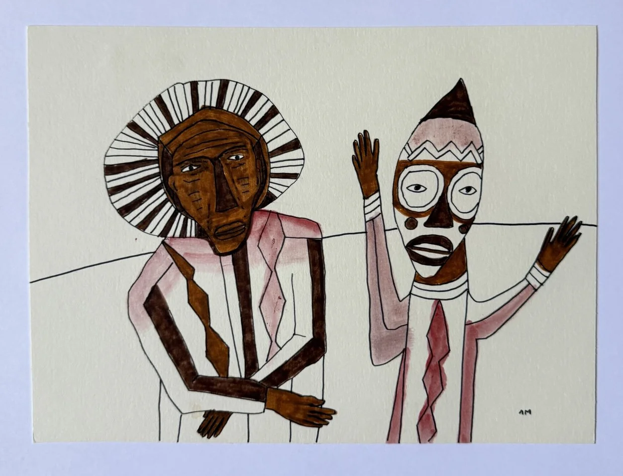 Deux figures masquées, l'une à crinière rayonnante brune, l'autre au masque triangulaire blanc et rouge