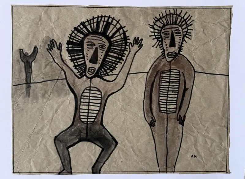 Deux figures masquées à crinière hérissée, l'une bras levés, torses striés, papier froissé beige