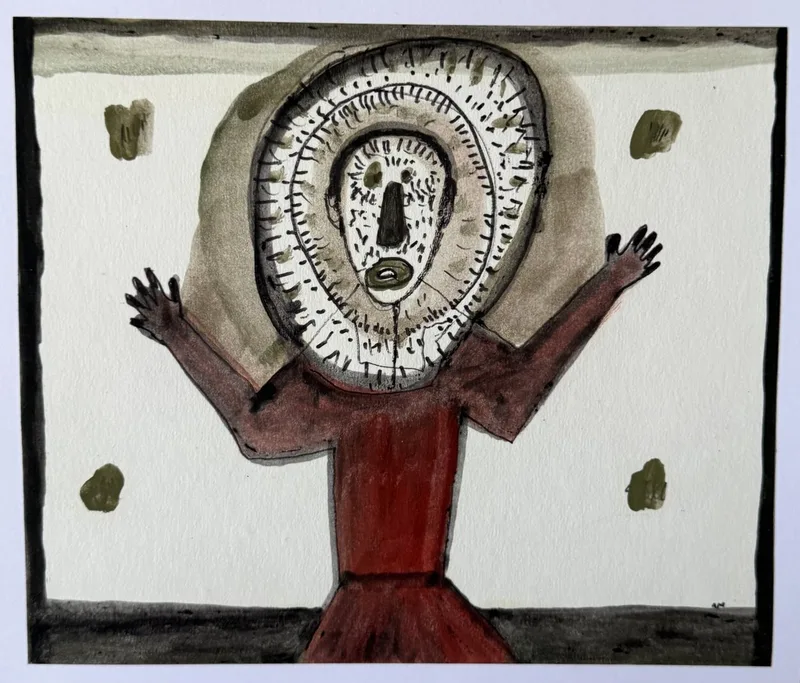 Immense masque ovale finement rayé surmontant une figure en robe rouge aux bras levés