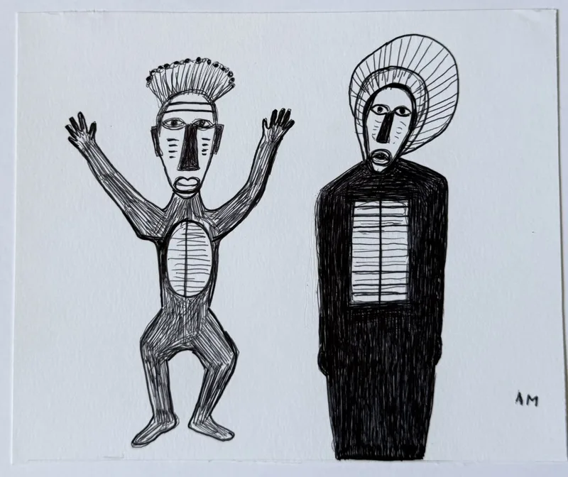 Figure grise bras levés et figure noire au torse rayé blanc, dessin au trait sur fond crème