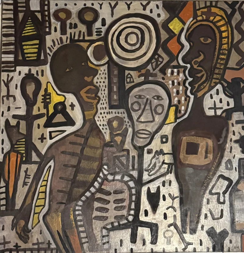 Composition argentée, cible concentrique, visages de profil bordés d'or et motifs totémiques