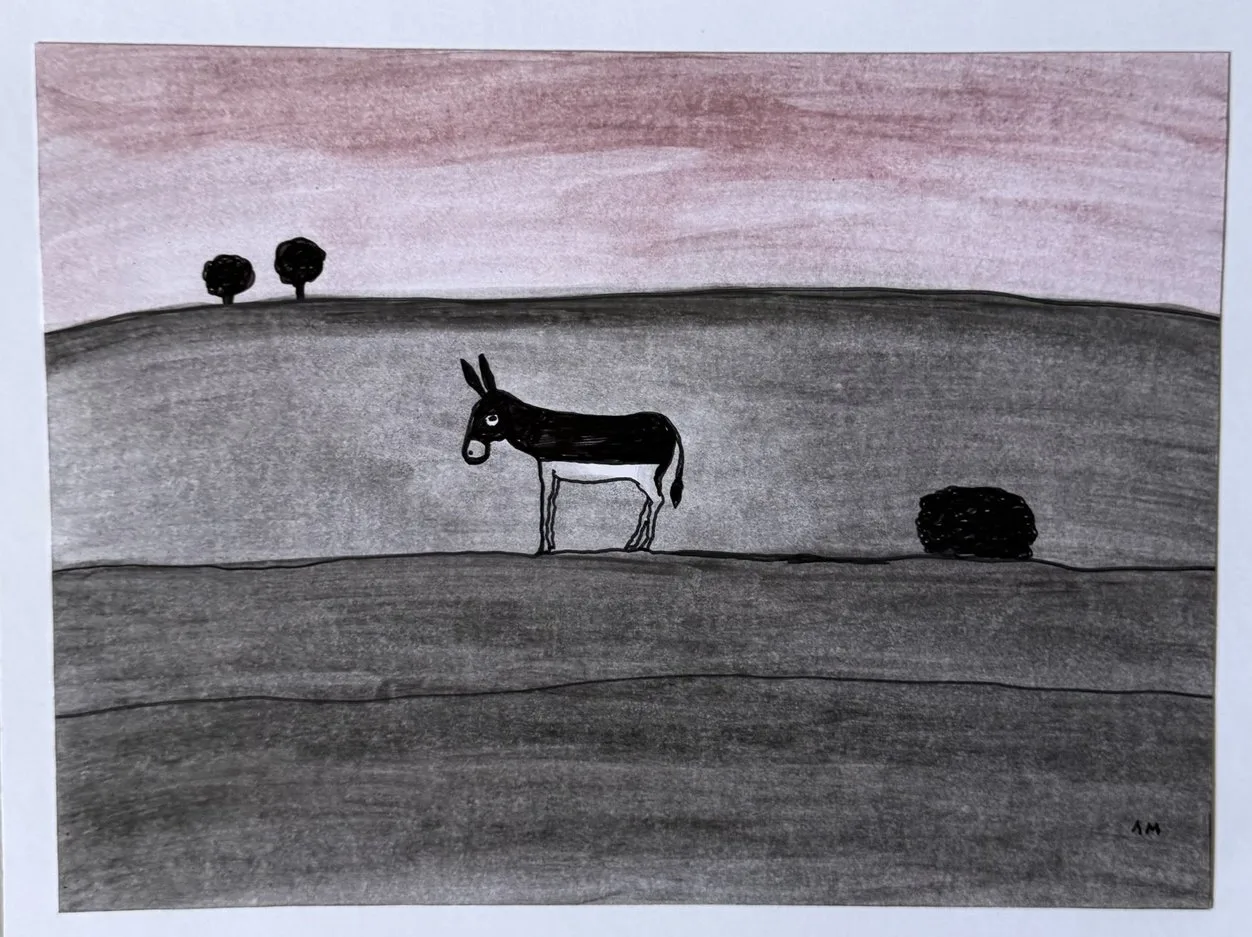Âne noir et blanc seul dans une plaine grise sous un ciel rose de crépuscule