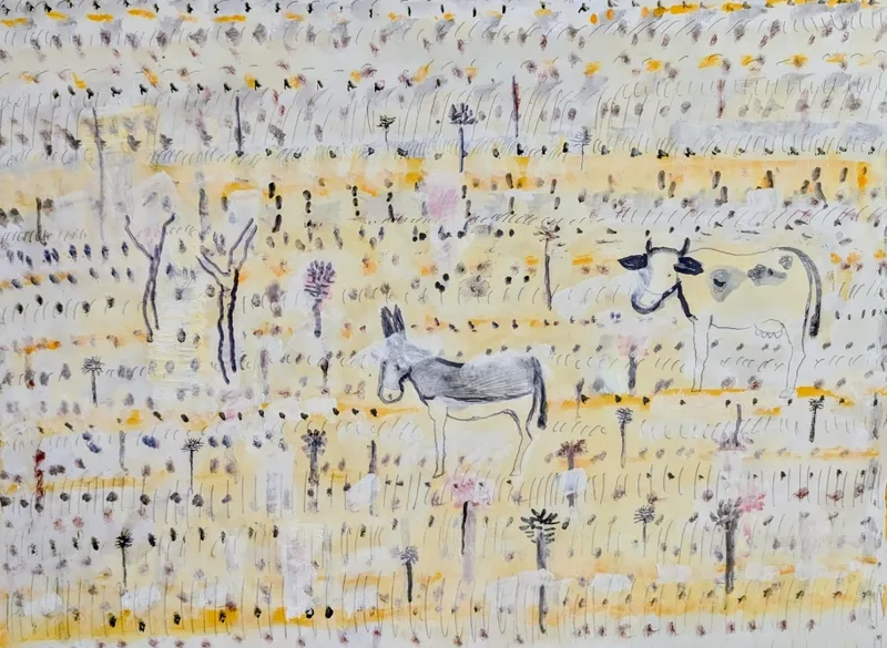 Âne clair aux contours dessinés au feutre, réserve lumineuse sur fond coloré