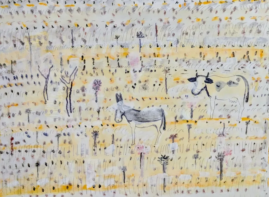 Âne clair aux contours dessinés au feutre, réserve lumineuse sur fond coloré