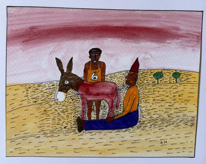 Âne portant un cavalier marqué du chiffre 6, homme assis derrière en bonnet rouge, ciel rose