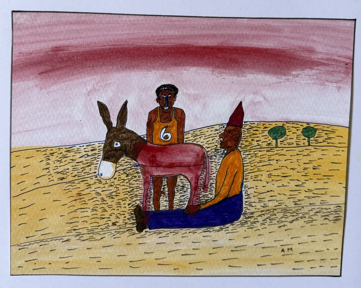 Âne portant un cavalier marqué du chiffre 6, homme assis derrière en bonnet rouge, ciel rose