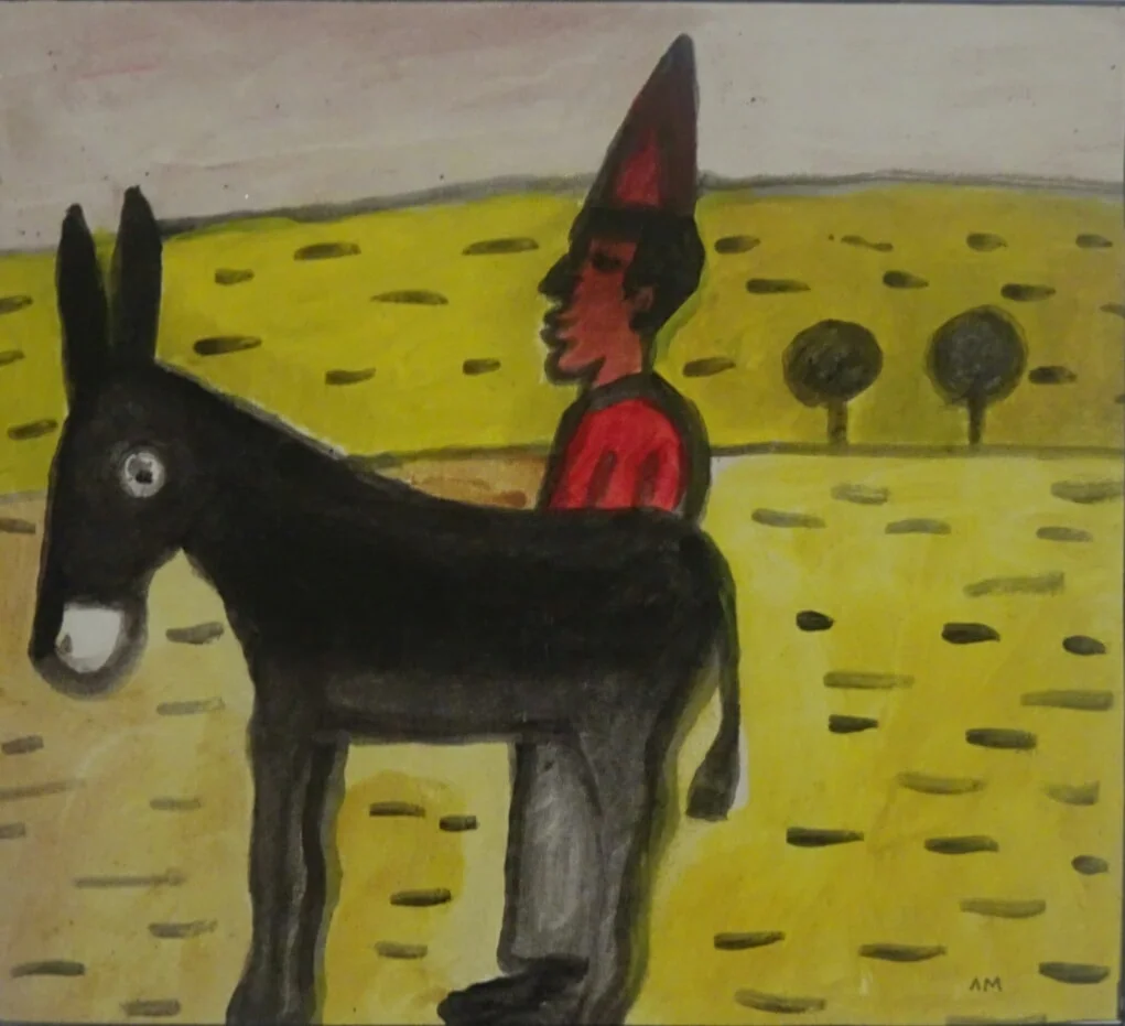 Petit âne peint à l'huile en tons rouges et terreux, format intime