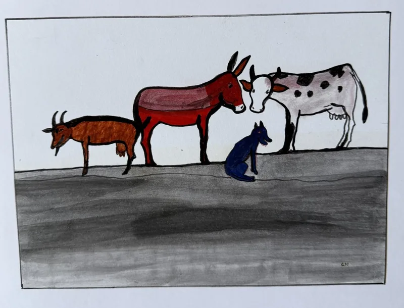 Chèvre, âne rouge, vache et petit chien alignés sur une colline sombre