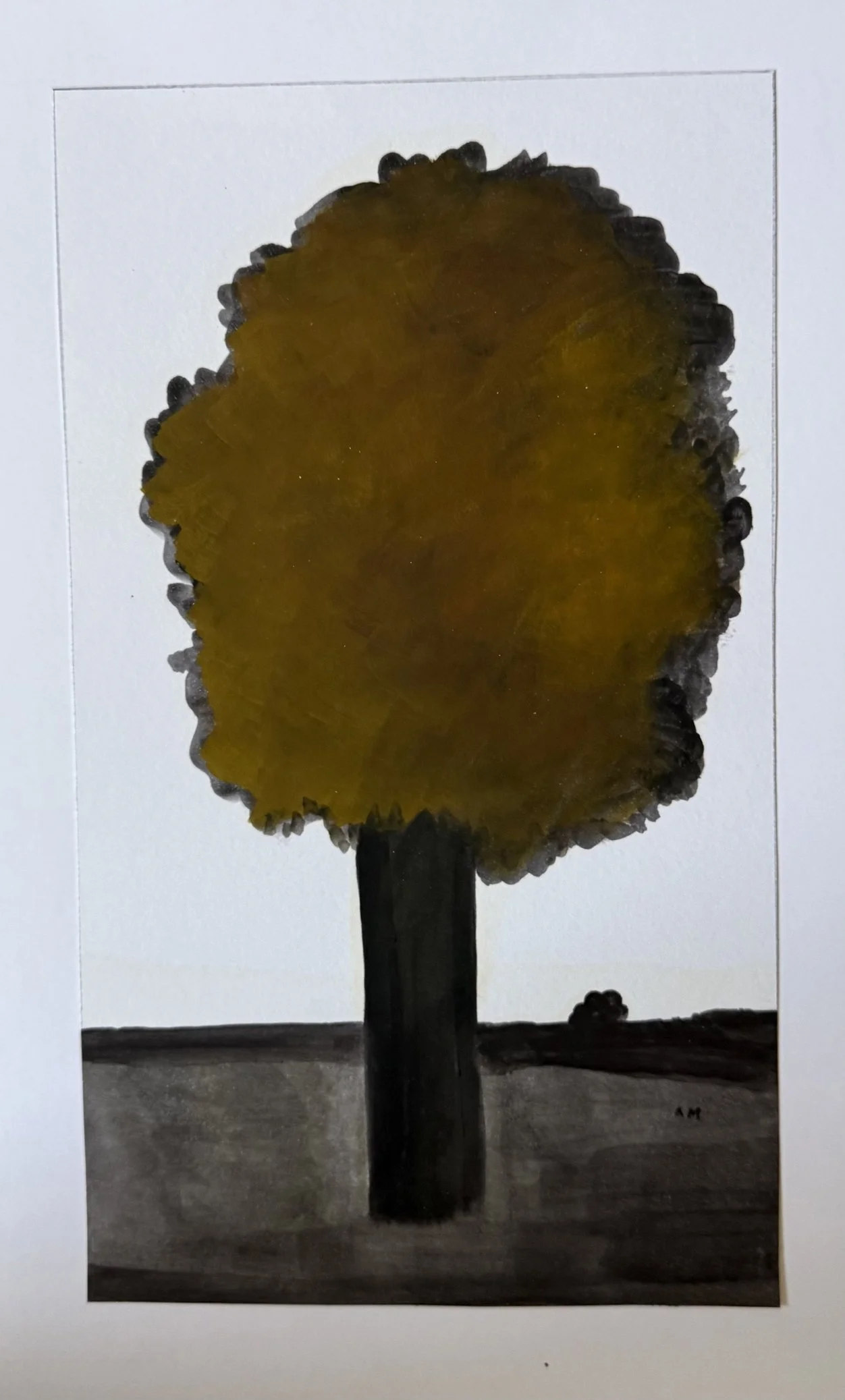 Arbre unique au feuillage vert olive dense sur fond crème et sol sombre