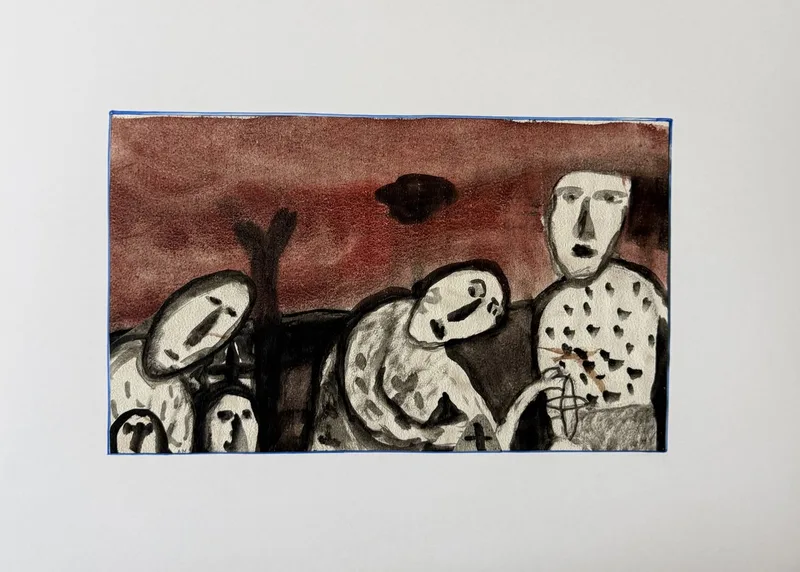 Groupe de figures pâles au crâne rond, ciel rouge sombre, une figure levant la main