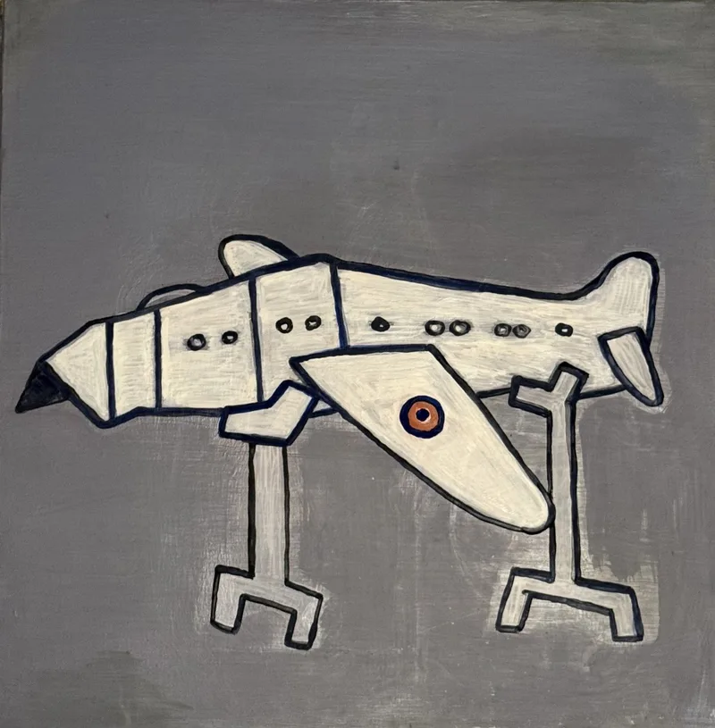 Créature hybride entre chien et avion, silhouette blanche sur fond gris, œil cerclé de rouge