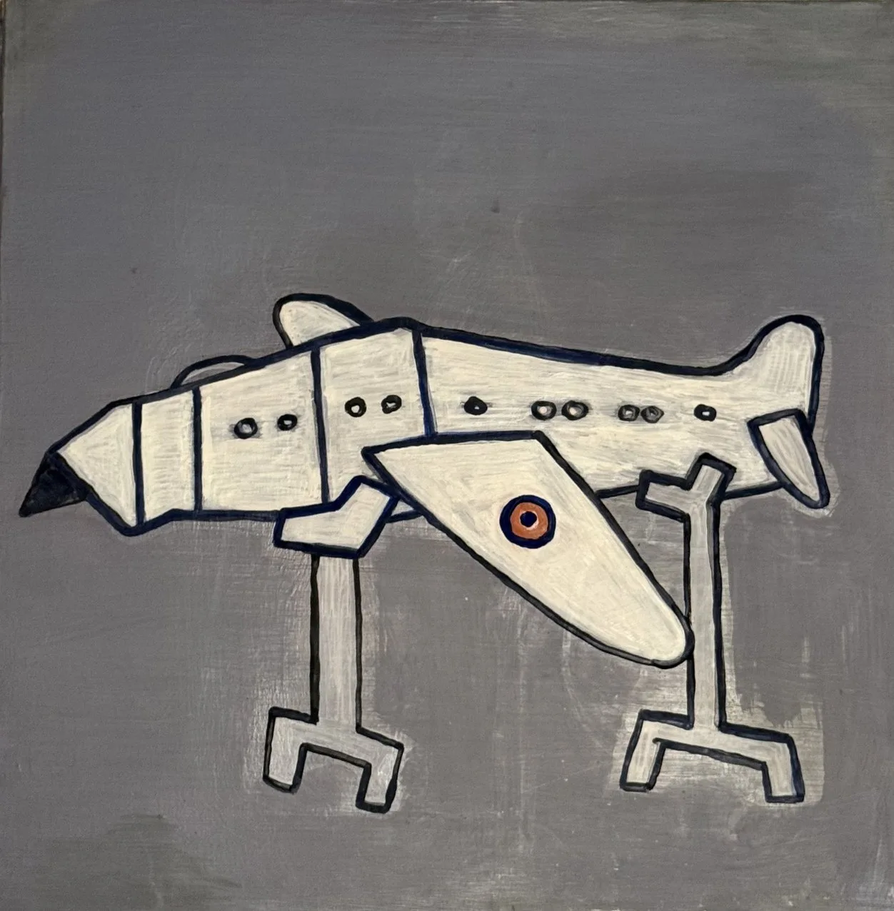 Créature hybride entre chien et avion, silhouette blanche sur fond gris, œil cerclé de rouge