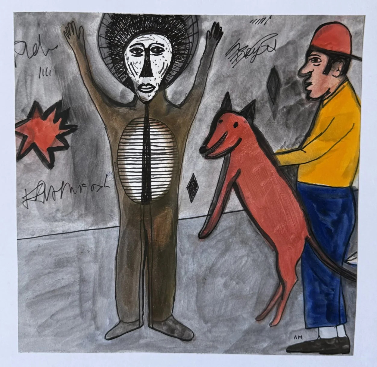 Figure masquée au trait noir bras levés, étoile rouge, chien roux tenu par un homme au bonnet rouge