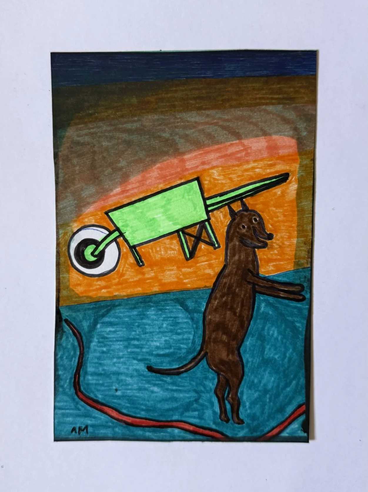 Chien dressé poussant une brouette verte, fond orange et bassin turquoise