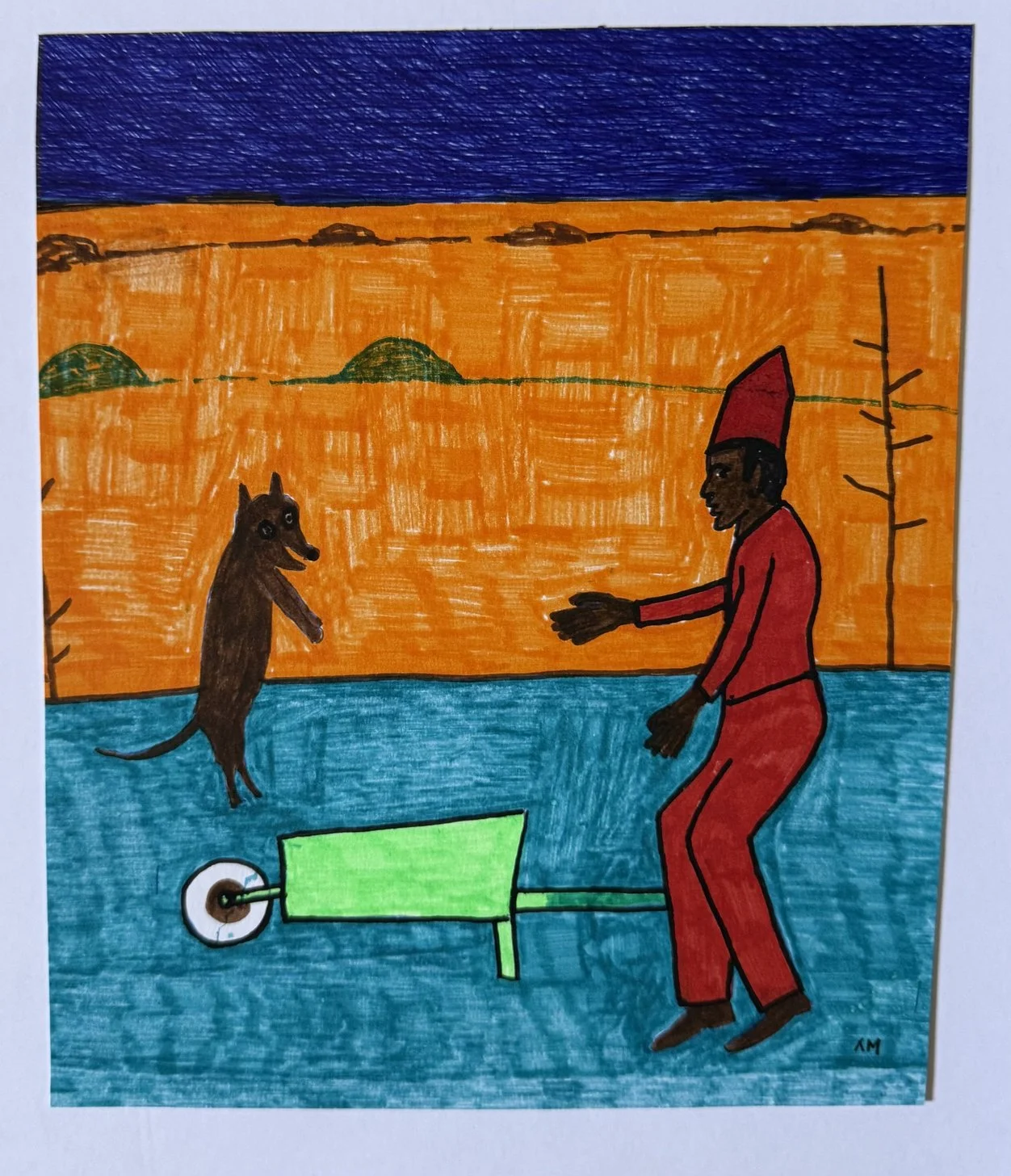 Homme en rouge poussant une brouette verte face à un chien, paysage orangé sous ciel bleu nuit