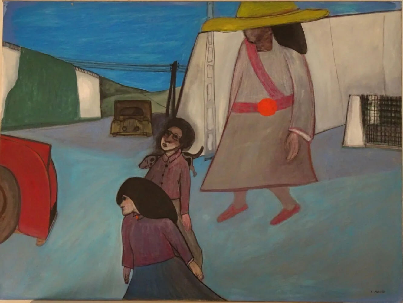 Camion peint à l'huile et au pastel, œuvre ancienne aux tonalités patinées