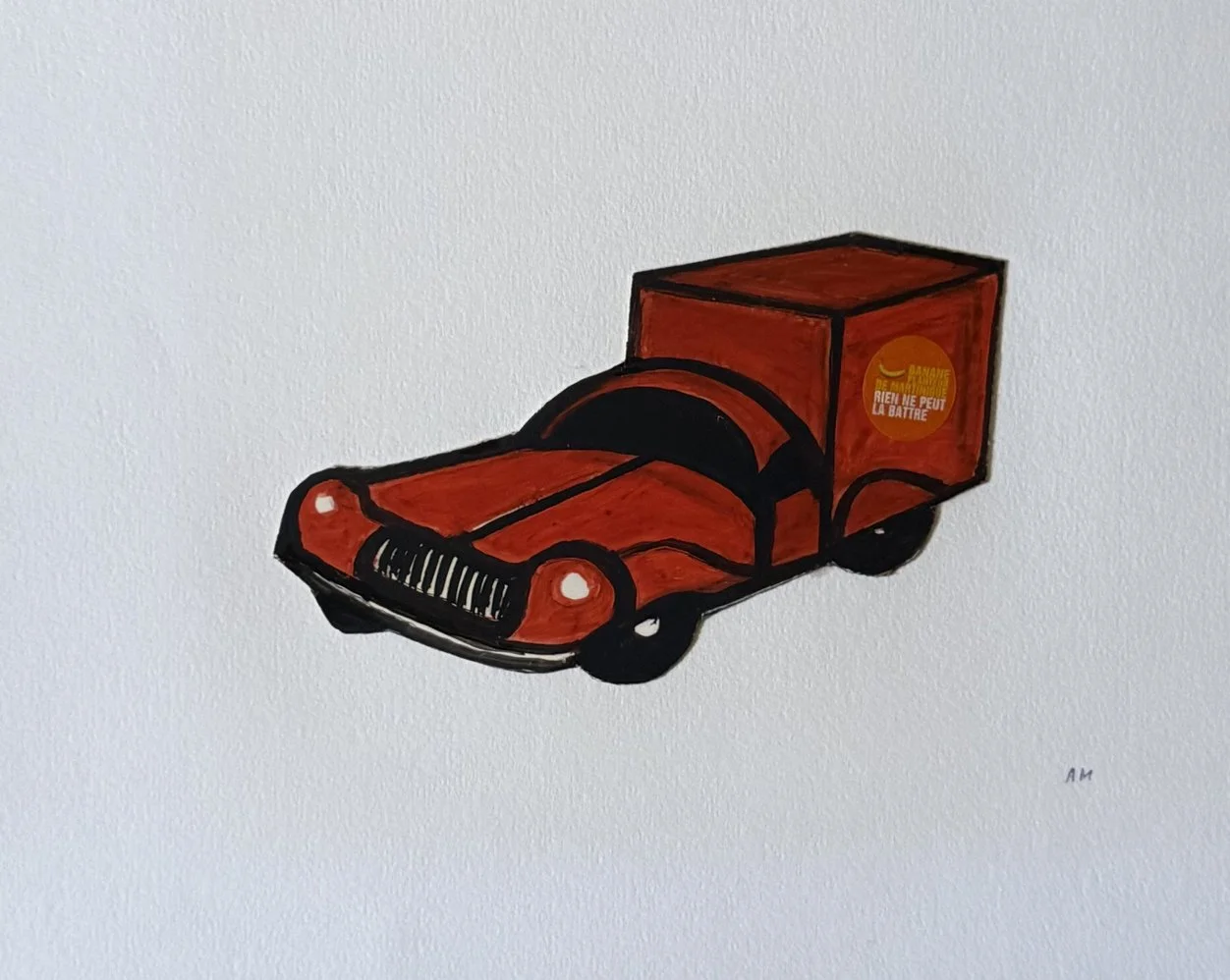 Petite camionnette rouge dessinée seule sur la page blanche