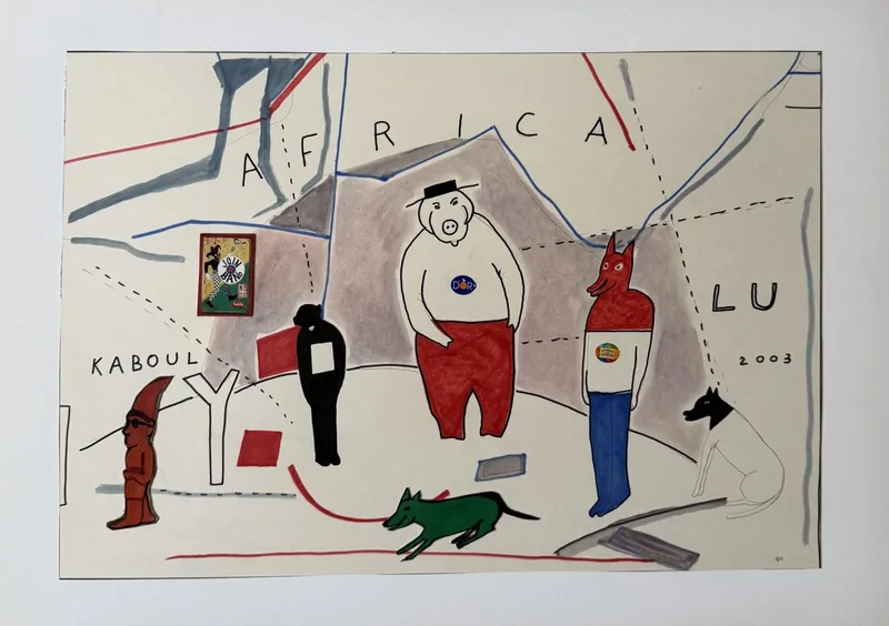 Composition en forme de carte avec les mots Africa, Kaboul et Lu, personnages et lignes pointillées