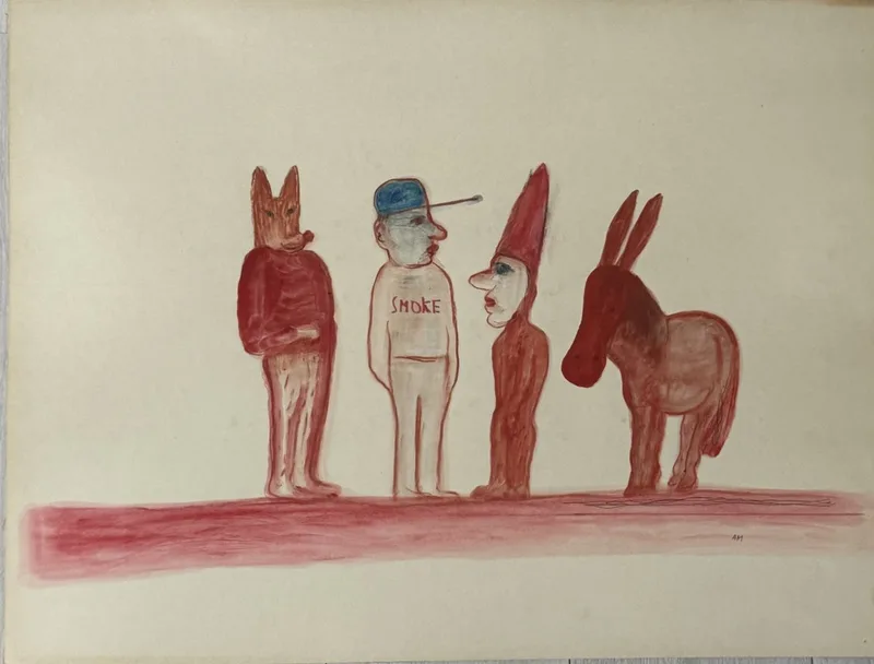 Quatre figures rouges en frise, tête de renard, personnage floqué Smoke, profil pointu, âne