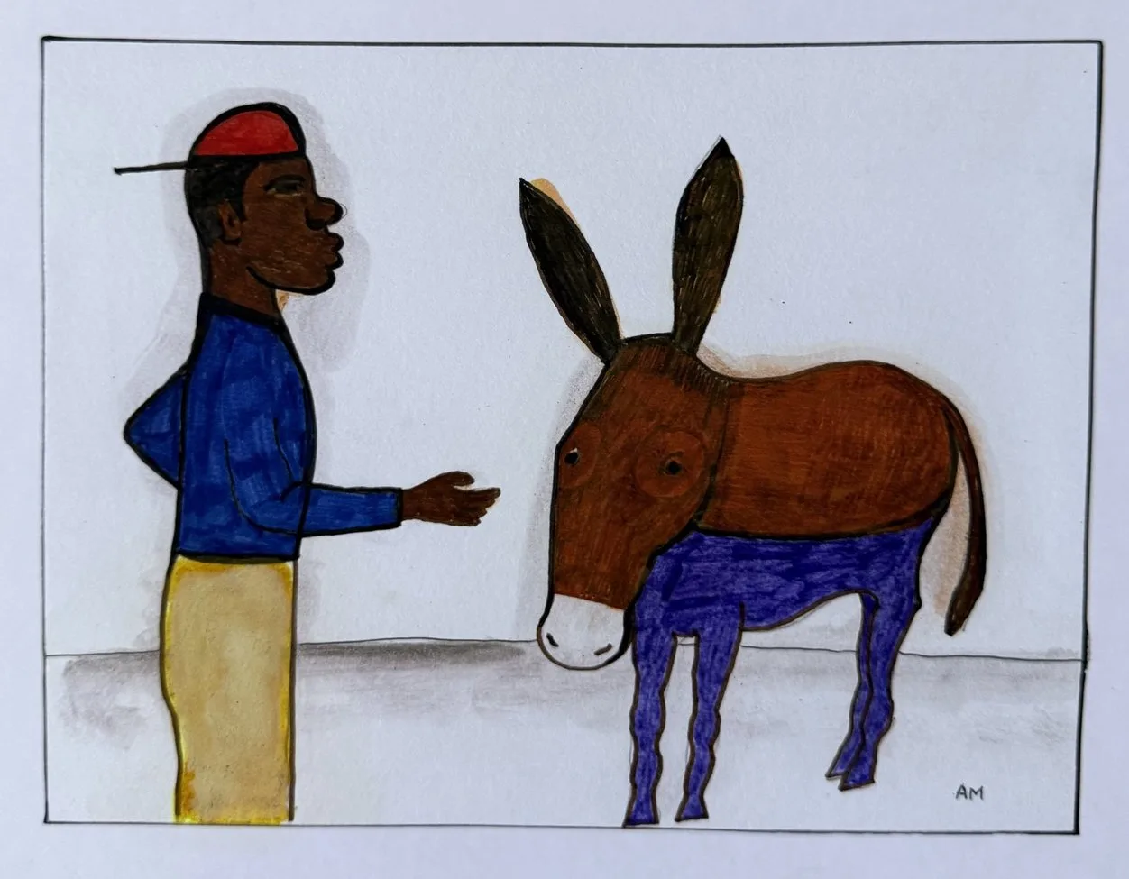 Homme à casquette rouge face à un âne brun aux pattes violettes, fond gris