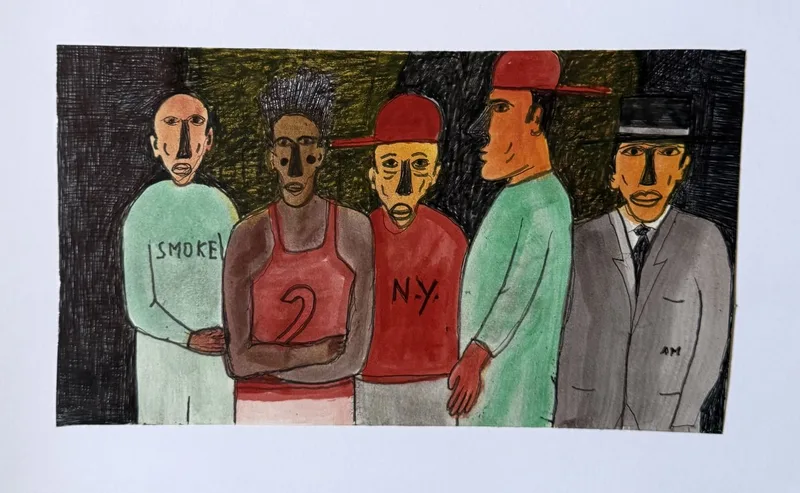 Cinq hommes en rang, maillots floqués Smoke et NY 2, deux coiffés de casquettes rouges