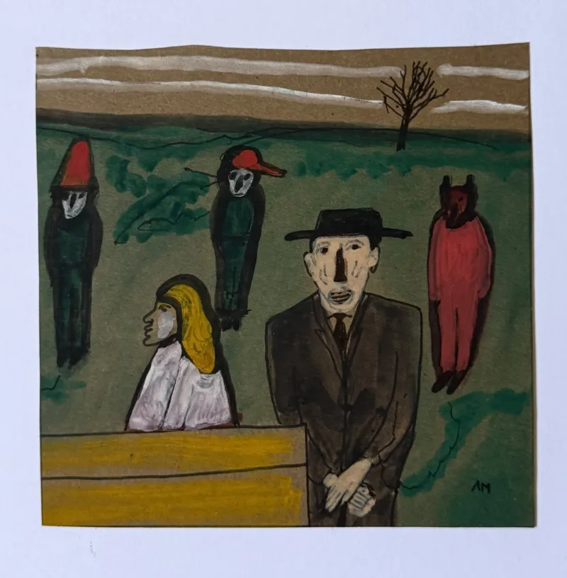 Quatre figures dans un paysage vert, têtes de renard rouges, homme au chapeau noir, silhouette cornue