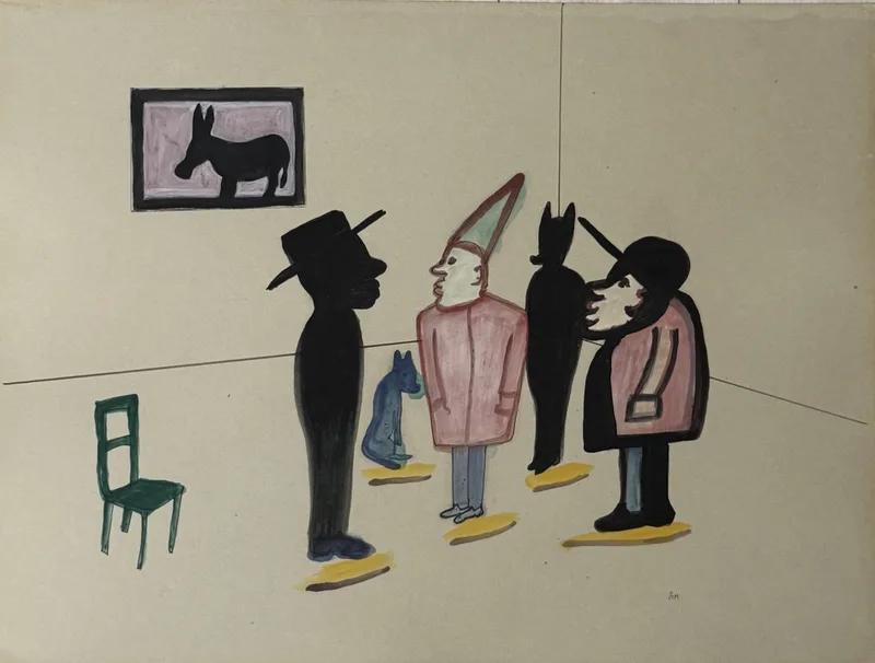 Quatre figures dans une pièce nue, homme en chapeau, capuche pointue, tête de chien, âne encadré au mur
