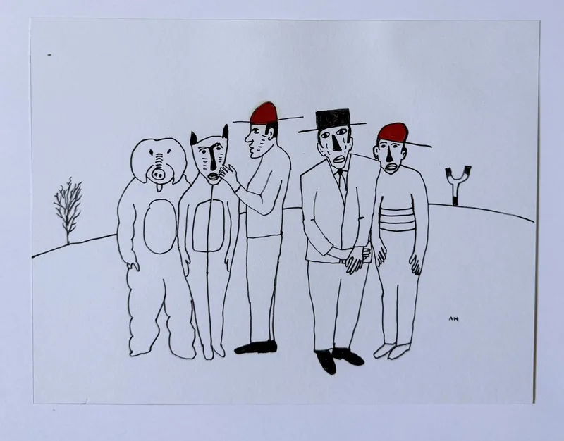 Dessin au trait noir, ours, tête de chien, deux hommes en costume coiffés de chapeaux pointus rouges