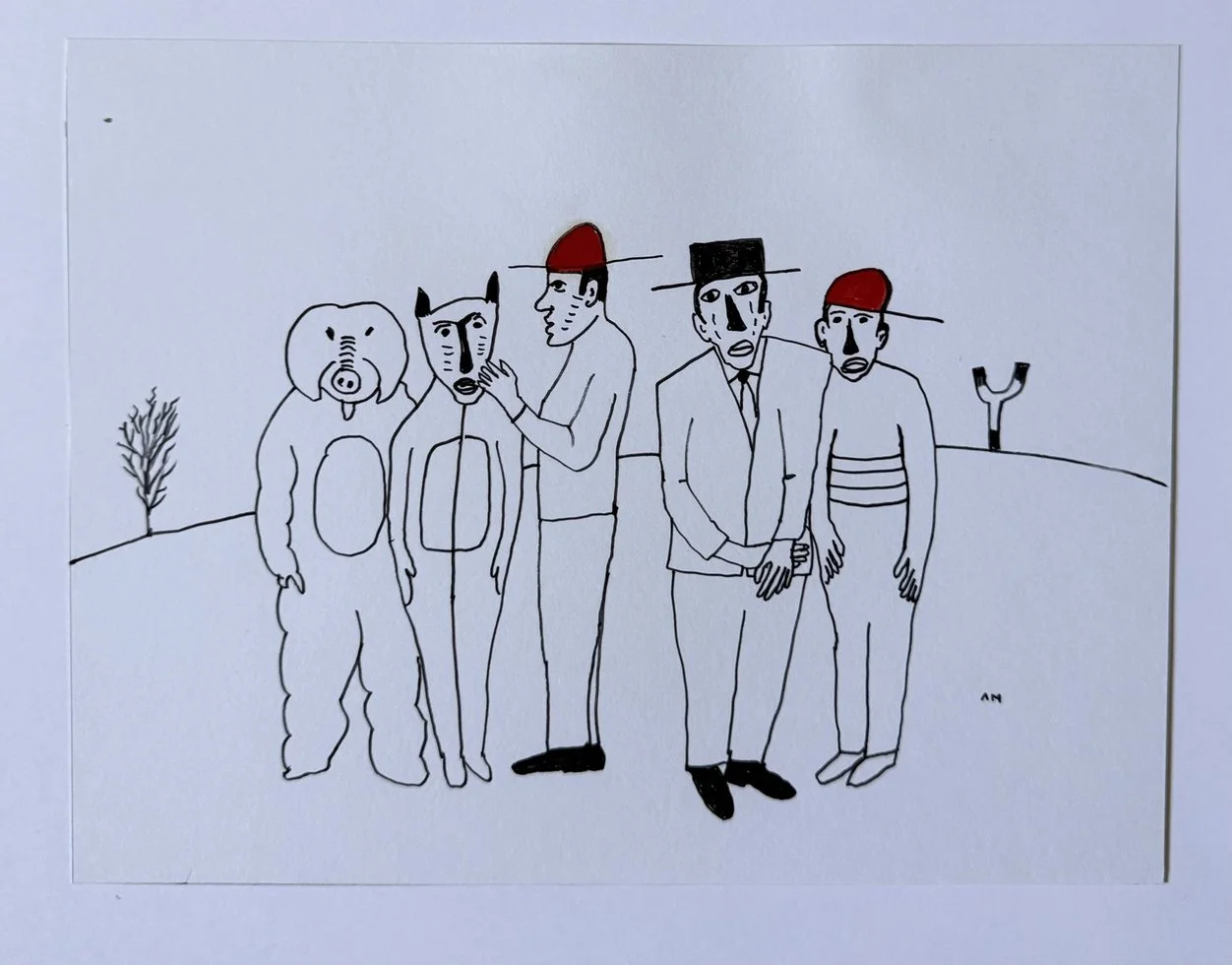 Dessin au trait noir, ours, tête de chien, deux hommes en costume coiffés de chapeaux pointus rouges