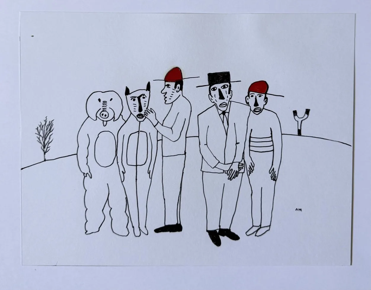 Dessin au trait noir, ours, tête de chien, deux hommes en costume coiffés de chapeaux pointus rouges