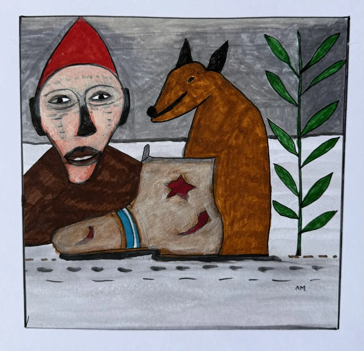 Homme au bonnet rouge tenant une grande chaussure ornée d'une étoile rouge, chien brun, plante verte