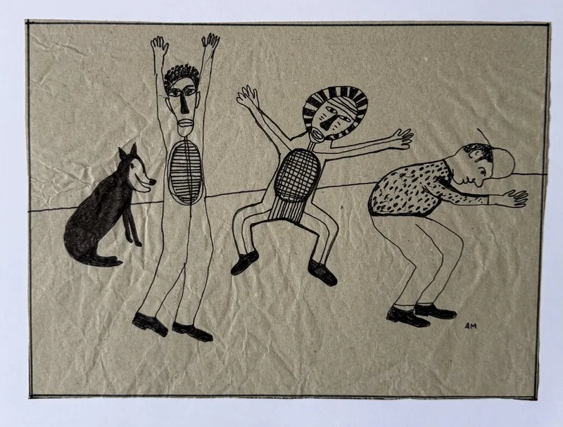 Dessin au trait, chien grognant face à trois hommes aux bras levés sur papier froissé