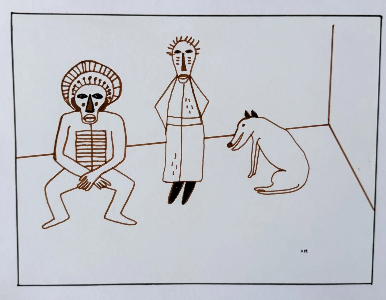 Dessin au trait, figure au torse strié accroupie, silhouette robée et chien blanc assis