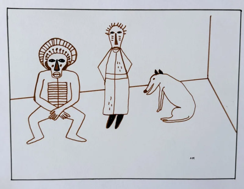 Dessin au trait, figure au torse strié accroupie, silhouette robée et chien blanc assis