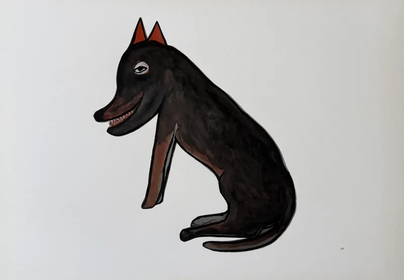 Chien ou loup noir assis, oreilles et queue rehaussées de brun, fond blanc