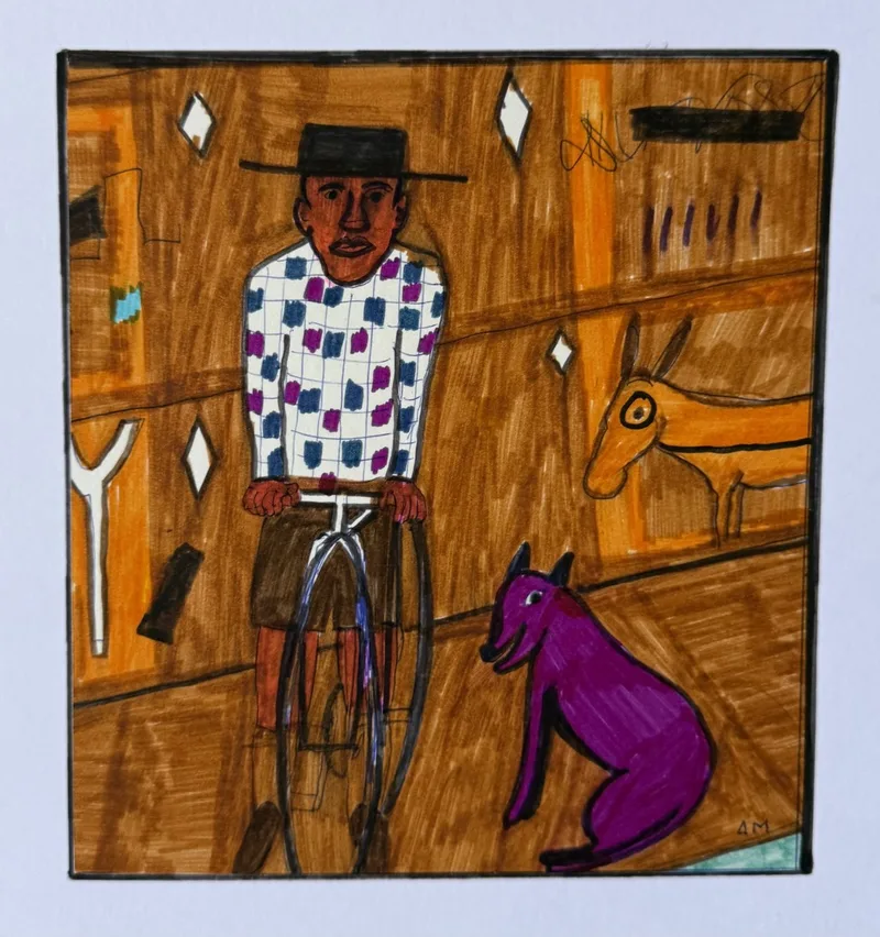 Homme en chemise à pois faisant du vélo dans une grange, cheval et petit chien pourpre