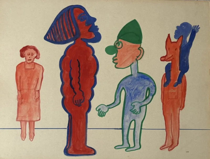 Quatre silhouettes colorées alignées face au spectateur, femme, géant rouge, figure vert-bleu, tête de renard