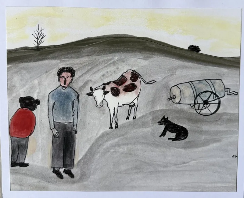 Deux hommes et une vache près d'une citerne à roue dans un paysage gris et beige, chien noir