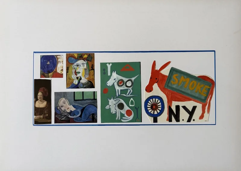 Fragments de reproductions d'art collés, têtes d'âne, mots Smoke et N.Y., roue rouge
