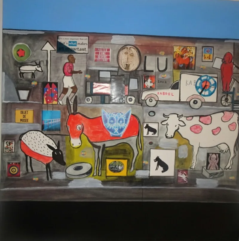 Second collage peint, accumulation de figures rouges et de signes sur toile carrée